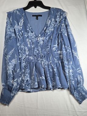 White House Black Market Blue Floral V-Neck  Blouse